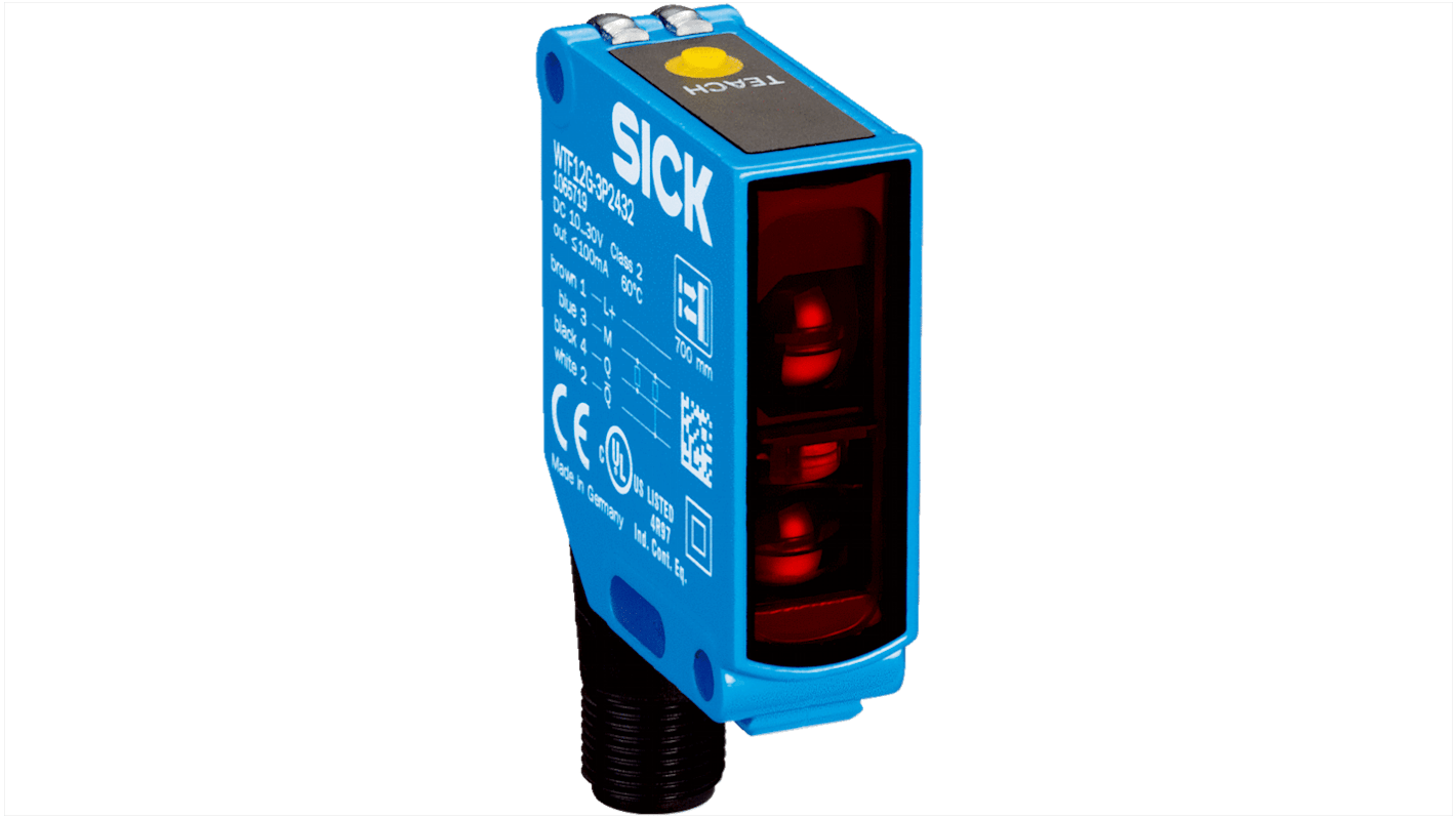 Sensore fotoelettrico rettangolare Sick WTF12G-3P2432, rilevamento 150-700 mm, uscita PNP, grado di protezione IP66/IP67.