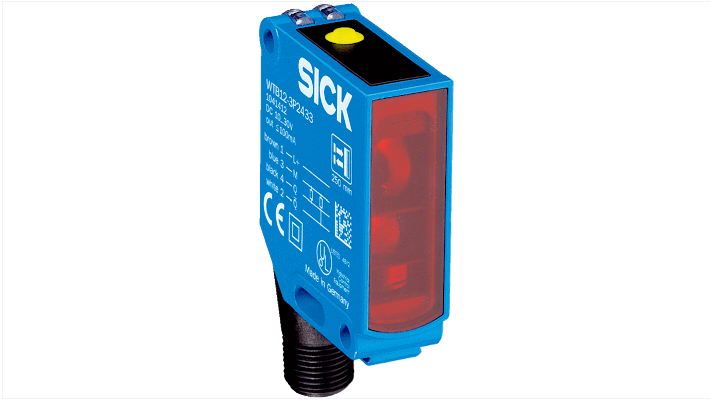 Sensore fotoelettrico rettangolare Sick WTB12C-3P2432A00, rilevamento 20-350 mm, uscita PNP, connettore M12, IP66/IP67.