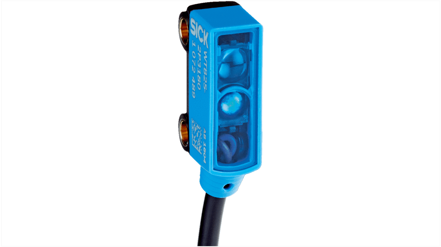 Sensore fotoelettrico rettangolare Sick WTB2S-2N1380, rilevamento 4-40 mm, uscita NPN, IP67, temperatura -25°C/+50°C.