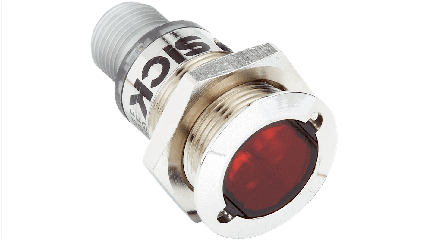 Sensore fotoelettrico cilindrico Sick GRTB18S-P241Z, rilevamento 3-300 mm, uscita PNP, connettore M12, grado di protezione IP67.