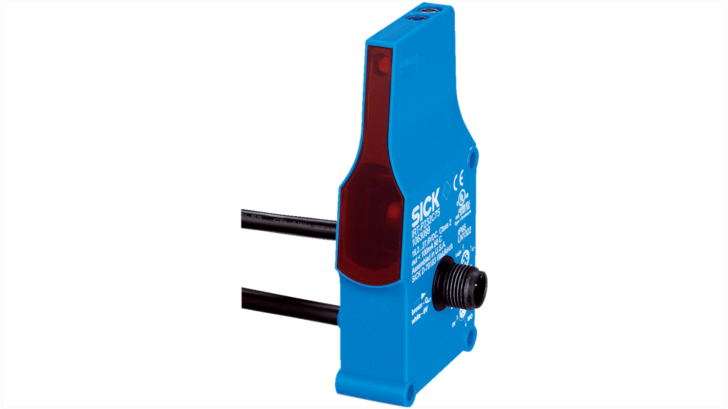 Sensore fotoelettrico Sick IRT-P232C83, rilevamento 60-900 mm, uscita PNP, IP67, montaggio su rulli o telaio, -40/+60 °C.