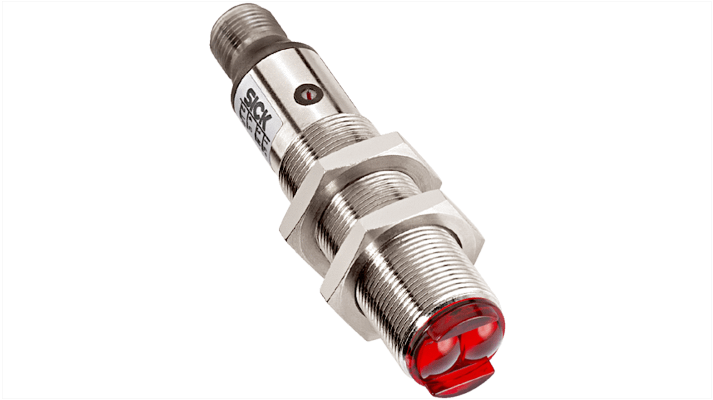 Sensore fotoelettrico cilindrico Sick VTB18-4P1240, rilevamento a soppressione di sfondo, gamma 25-140 mm, IP67.