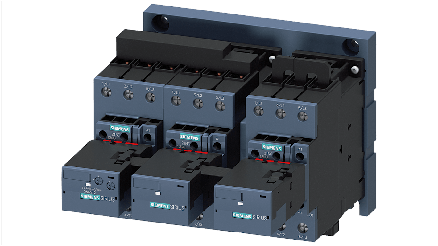 Kit gruppo di contattori Siemens 3RA2437-8XF32-1AL2 per avviamento stella-triangolo, con tre contattori 3RT2 cablati e interblocco, montaggio a vite, classe di protezione IP20.