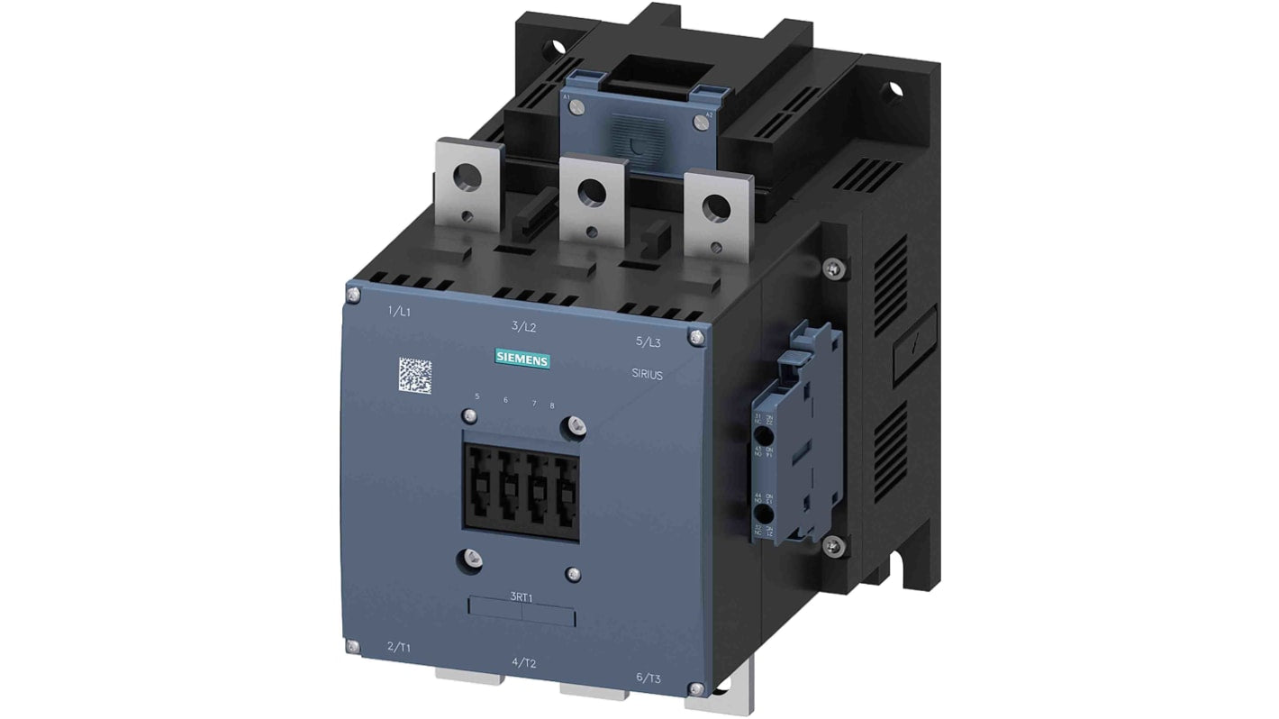 Contattore Siemens 3RT1076-6AF36, 3 poli, 2 NO + 2 NC, 500 A, bobina 127 V, montaggio su rotaie o terminali.