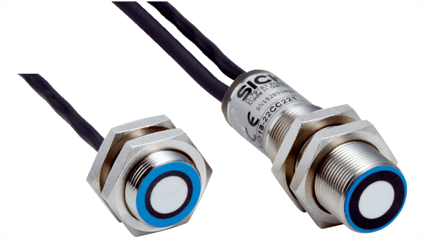 Sensore di prossimità cilindrico Sick UD18-22CC221, PNP M18, rilevamento 20-60 mm, IP65, alimentazione 20-30 V.