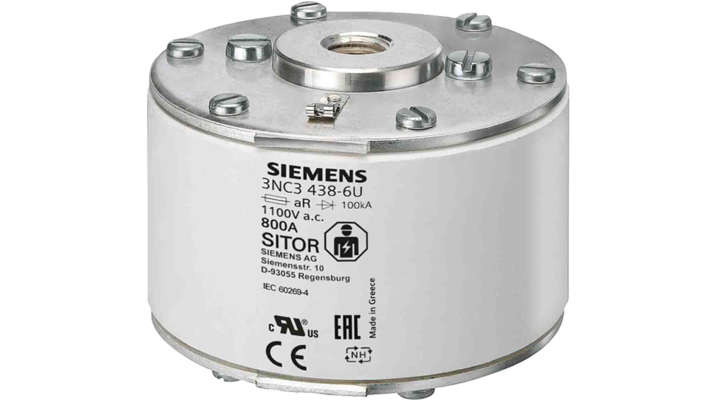 Fusibile quadrato Siemens 3NC3341-6U con terminali a filo, 1kA, 1kV, progettato per 900A in corrente alternata.