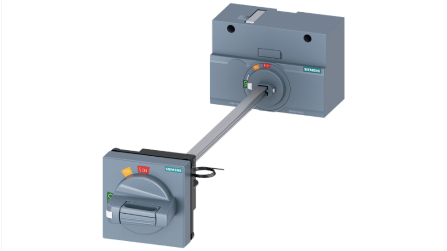 Operatore rotante Siemens 3VA9257-0FK23 per interruttore automatico 3VA1, colore grigio, lunghezza 75 mm, grado di protezione IP65.