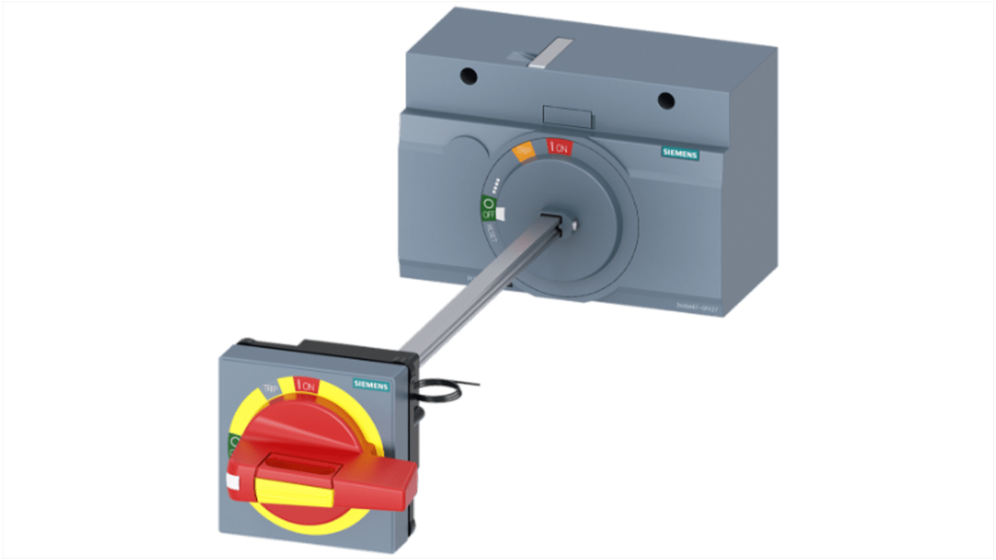 Operatore rotante Siemens 3VA9467-0FK27 per interruttori automatici 3VA1 e 3VA2, grado di protezione IP65, lunghezza 94 mm.