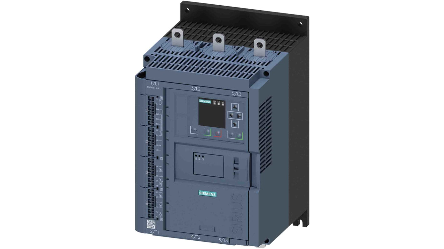 Starter motore Siemens 3RW5535-2HA04, 3 fasi, 132 kW, 480 V CA, montaggio a vite, con HMI rimovibile e bypass integrato.
