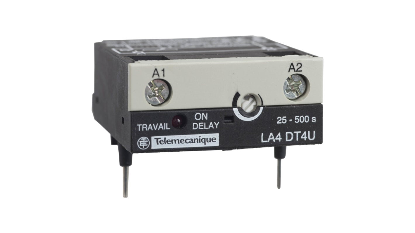 Timer elettronico Schneider Electric LA4DT4U per contattori, montaggio diretto, range di temporizzazione 25-500 secondi.