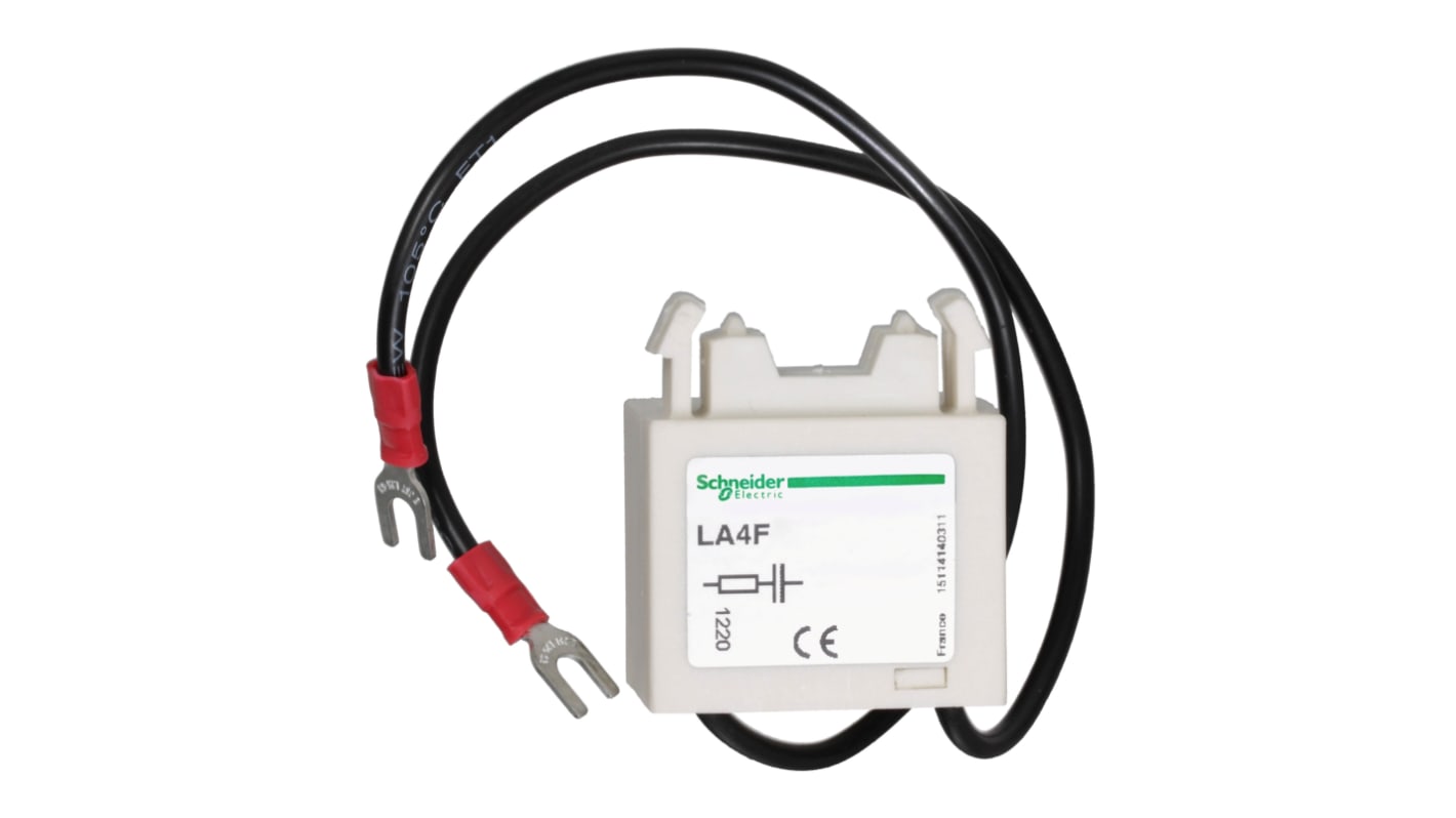 Soppressore di sovratensioni Schneider Electric LA4FRCF, tecnologia RC, tensione 50-100V, montaggio a clip, peso 0,04 kg.