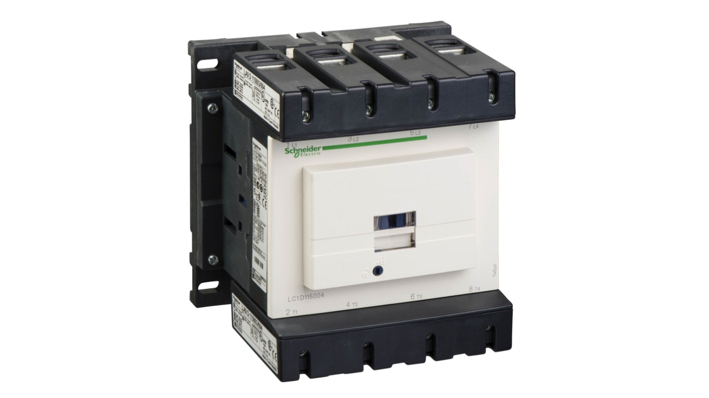 Contattore reversibile Schneider Electric LC1D115004B7, 4 poli, 200 A, tensione 24 V c.a., grado di protezione IP20.