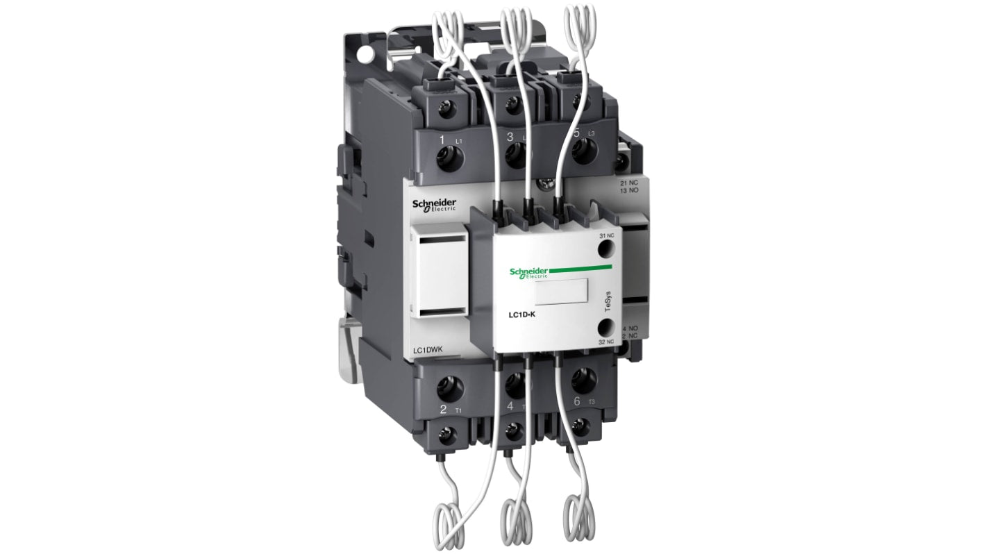 Contattore Schneider Electric LC1DWK12F7 per commutazione condensatore, 3 poli, 110 V c.a., grado di protezione IP20.