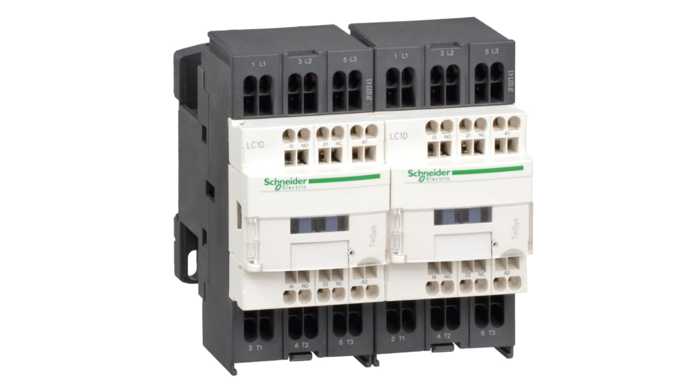 Contattore reversibile Schneider Electric LC2D093BD, 3 poli, 9 A, bobina 24 V c.c., grado di protezione IP20.