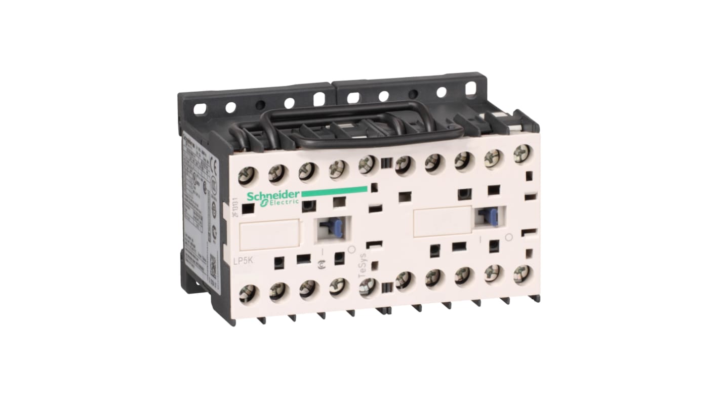 Contattore reversibile Schneider Electric LP5K1210BW3, 3 poli, 12 A, bobina 24 V c.c., montaggio su guida, temperatura -25 a 50 °C.