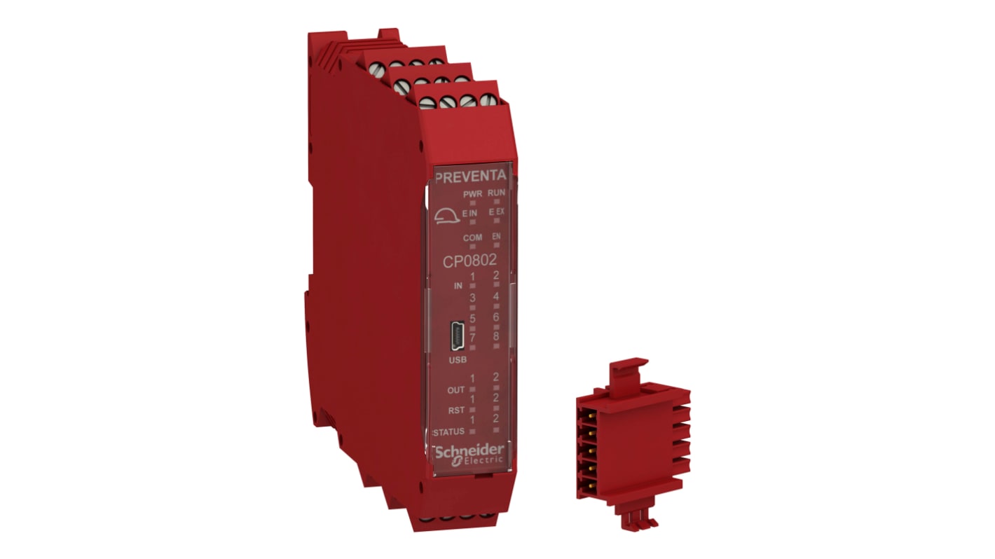 Controller di sicurezza modulare Schneider Electric XPSMCMCP0802BC, 8 ingressi, 2 uscite, dimensioni 22,5 x 99 x 114,5 mm.