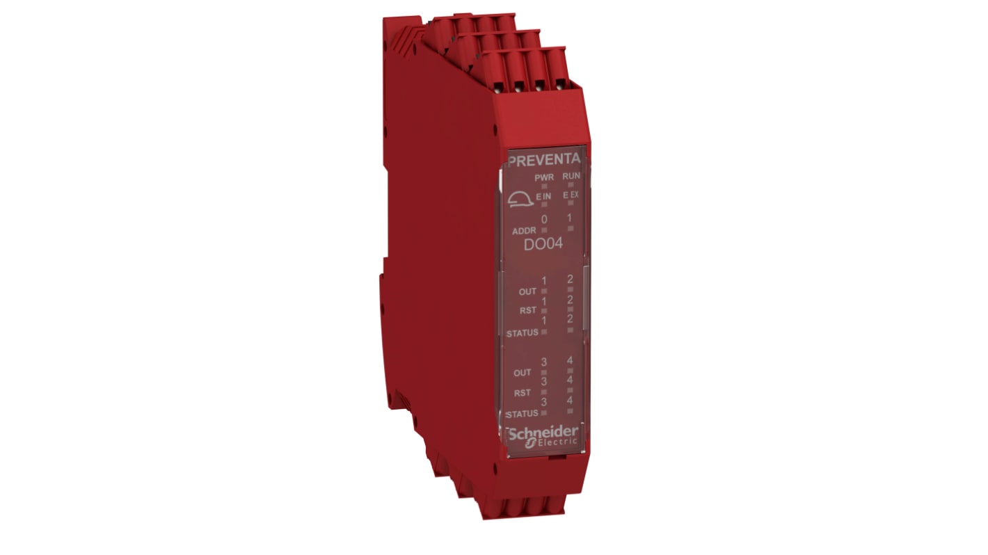 Modulo di espansione di sicurezza Schneider Electric XPSMCMDO0004G, 4 ingressi/uscite, 24 V c.c., dimensioni 22,5 x 99 x 114,5 mm.