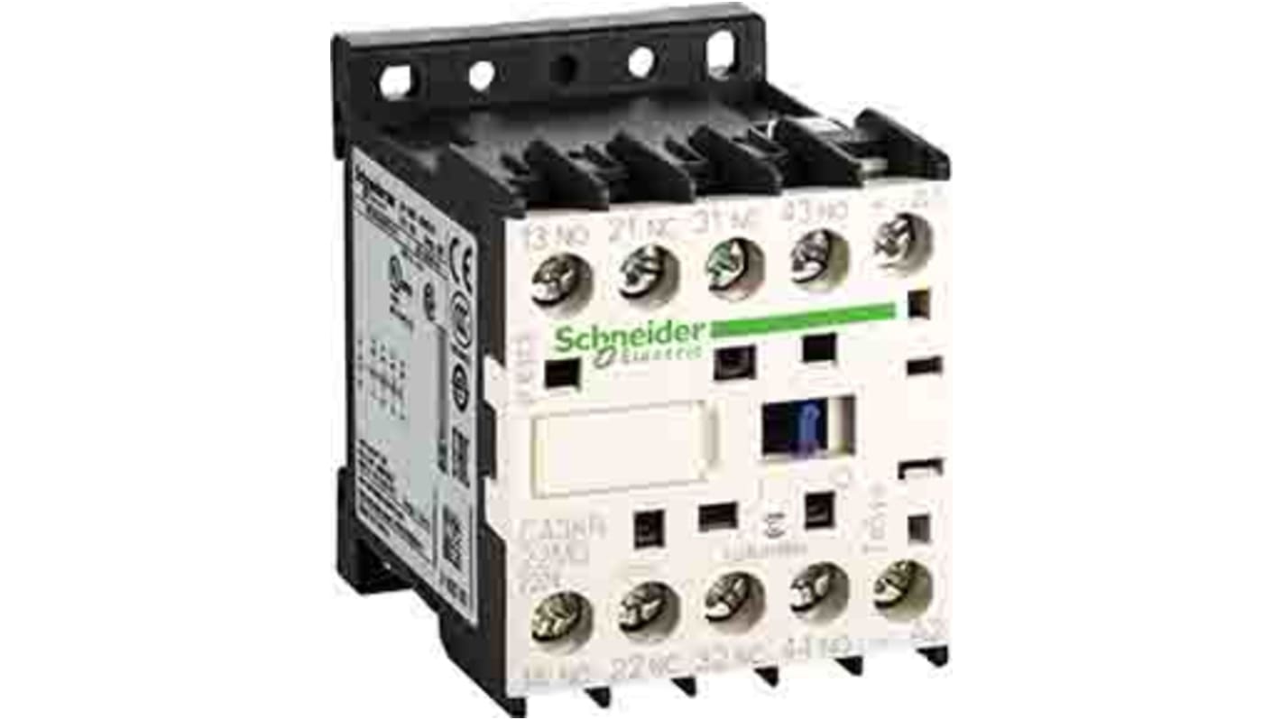 Relè di controllo Schneider Electric CA3KN225BD, 2NO + 2NC, montaggio su guida DIN, tensione 24 Vac, carico FLC 110 A.