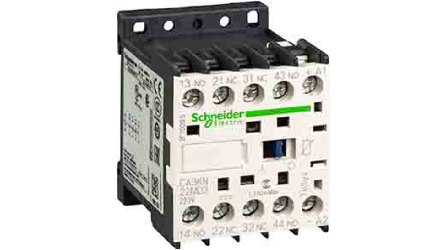 Relè di controllo Schneider Electric CA3KN22FD, 2NO + 2NC, montaggio su guida DIN, tensione di controllo 110 Vdc, carico FLC 110 A.