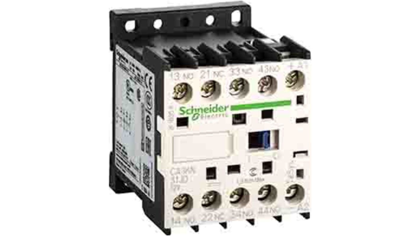 Relè di controllo Schneider Electric CA3KN31JD, 3NO + 1NC, montaggio su guida DIN, tensione 12 Vdc, carico FLC 110 A.