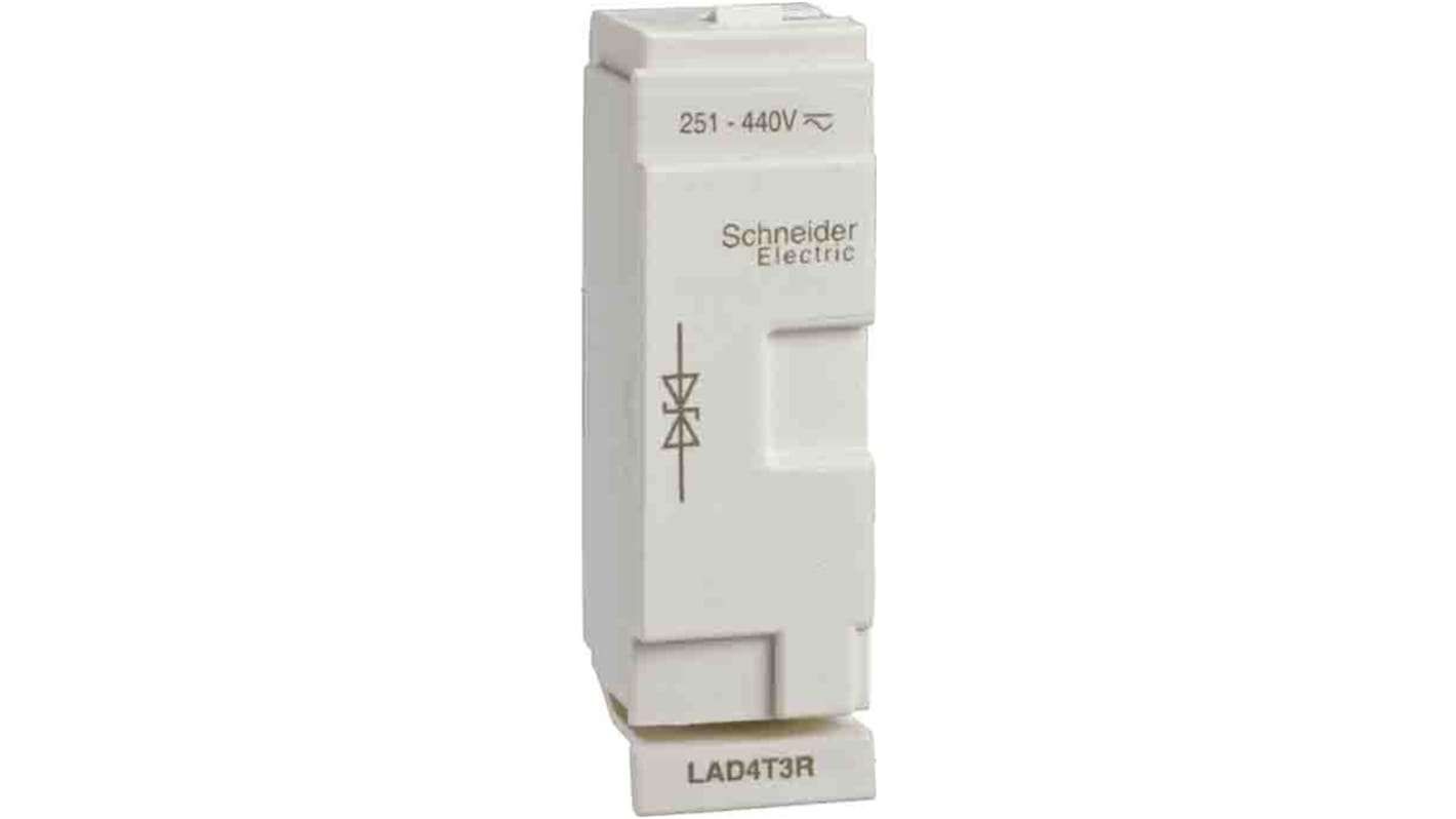 Soppressore di sovratensioni Schneider Electric LAD4TS per moduli 3P, tensione 126-250 V AC/DC, conforme EU RoHS.