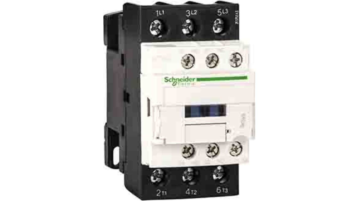Contattore Schneider Electric LC1D386B7, 3 poli, 1NO + 1NC, 38 A, 24 V, facile installazione, compatibile con standard internazionali.