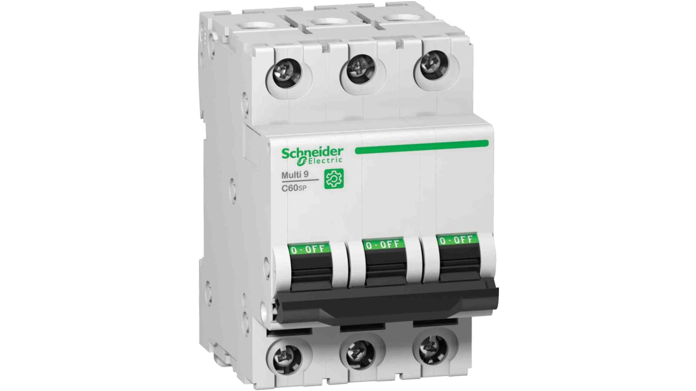 Interruttore magnetotermico Schneider Electric 3P Tipo C, 2A, 15 kA, montaggio su guida DIN, dimensioni 81mm x 54mm x 72mm.