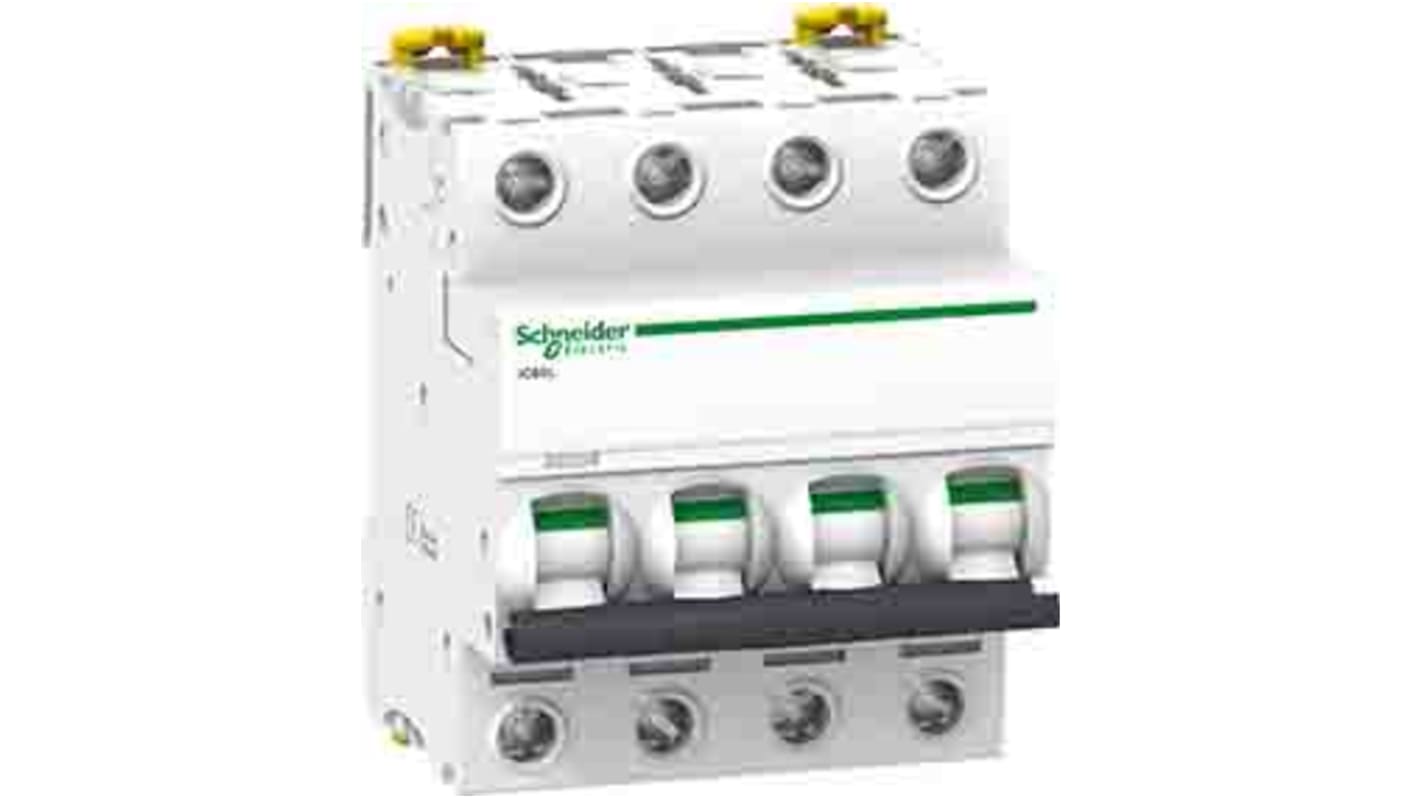 Interruttore magnetotermico Schneider Electric A9F95406, 4 poli, 6A, montaggio su guida DIN, dimensioni 72mm x 85mm x 78.5mm.