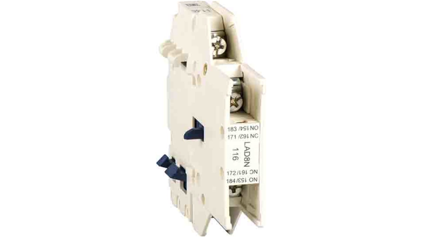 Blocco contatti ausiliari Schneider Electric LAD8N116, 1 N/C + 1 N/A, montaggio laterale su guida DIN, tensione 690 V.