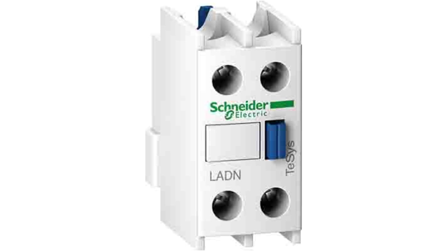 Blocco contatti ausiliari Schneider Electric LADN11P, 1 N/C + 1 N/A, montaggio su guida DIN, tensione nominale 690 V.