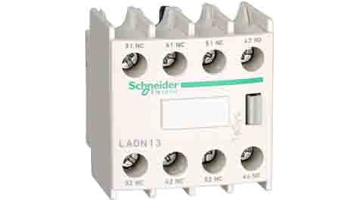 Blocco di contatti ausiliari Schneider Electric LADN406, 4 NA, montaggio su guida DIN, tensione nominale 690 V.