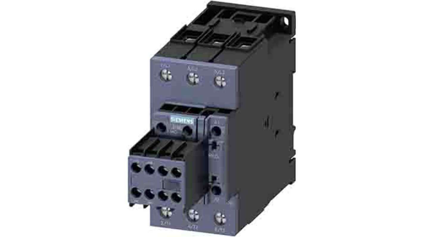 Contattore reversibile Siemens 3RT2037-1AL24, 3 poli, 65 A, 30 kW, montaggio a vite, tensione 230 V ac, design compatto.