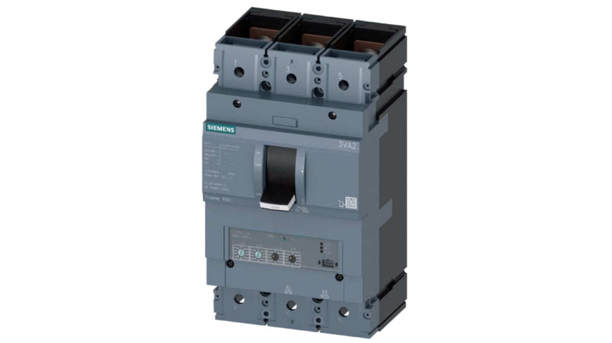 Interruttore magnetotermico scatolato Siemens 3VA2463-5HN32-0AA0 per protezione impianti industriali. 630A, 690V, 55 kA. Design compatto e flessibile.