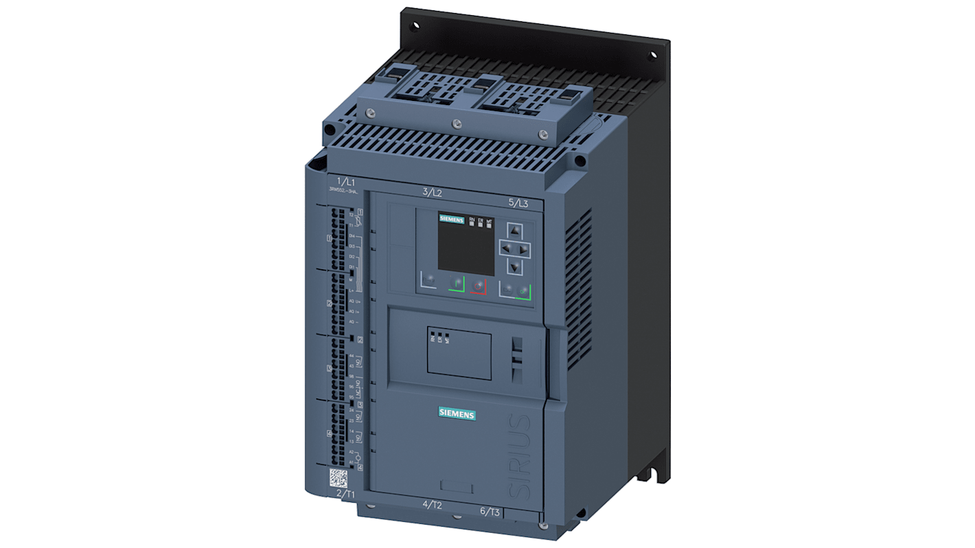 Starter DOL Siemens 3RW5526-3HA06 per motori 3 fasi, 7,5 kW, 480 V, 77 A, design modulare, grado di protezione IP20.