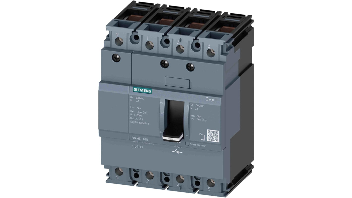 Interruttore di isolamento Siemens 3VA1, 4 poli, 160A, design compatto, temperatura operativa -25/+70°C, codice 3VA1116-1AA46-0AA0.