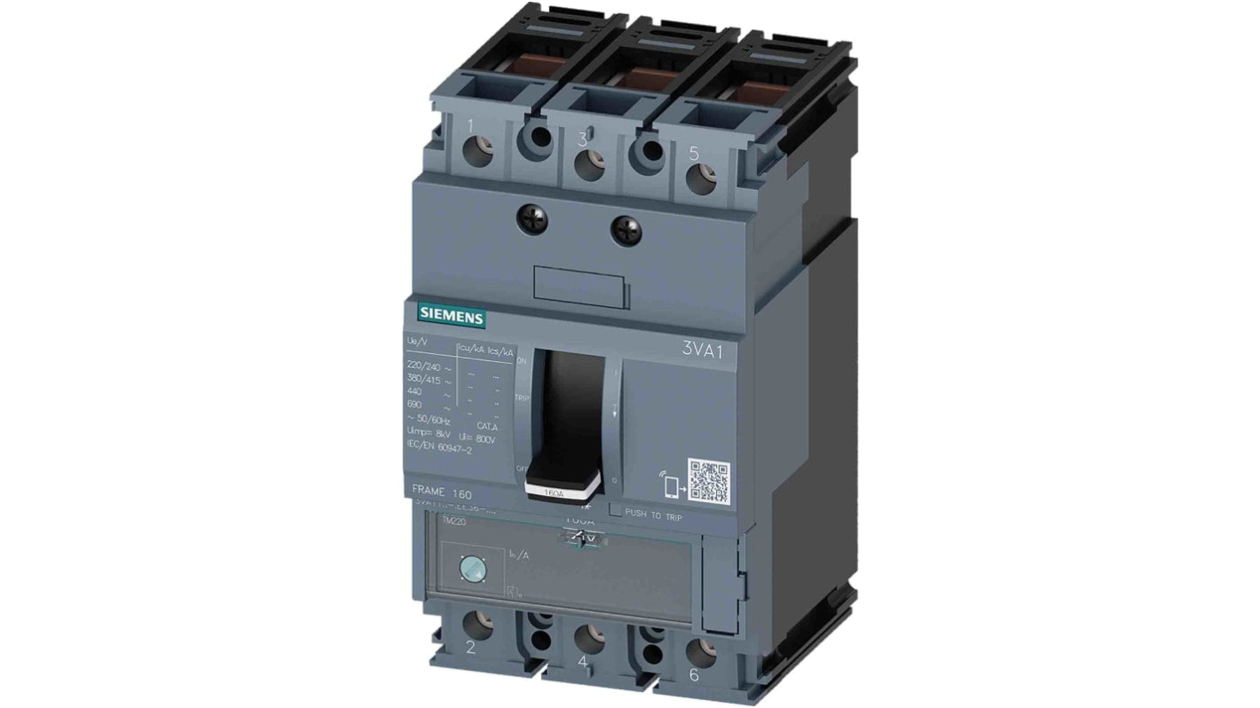Interruttore magnetotermico scatolato Siemens 3VA1163-5EE36-0AA0, 63A, 690V, 55kA. Protezione fissa per impianti industriali.