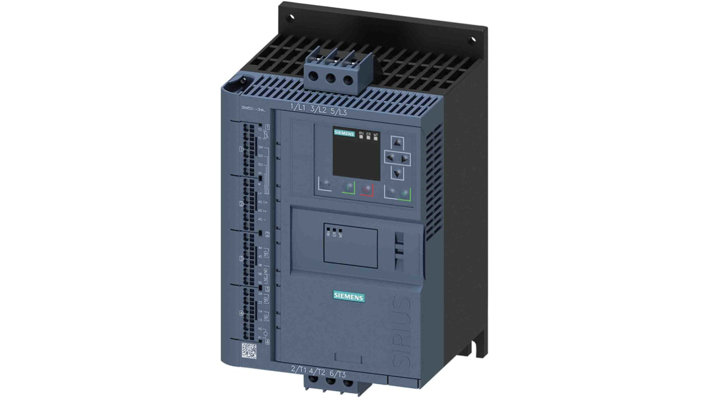 Starter per motore Siemens 3RW5516-3HA15, 3 fasi, 18,5 kW, 600 V, montaggio a vite, protezione sovraccarico integrata.