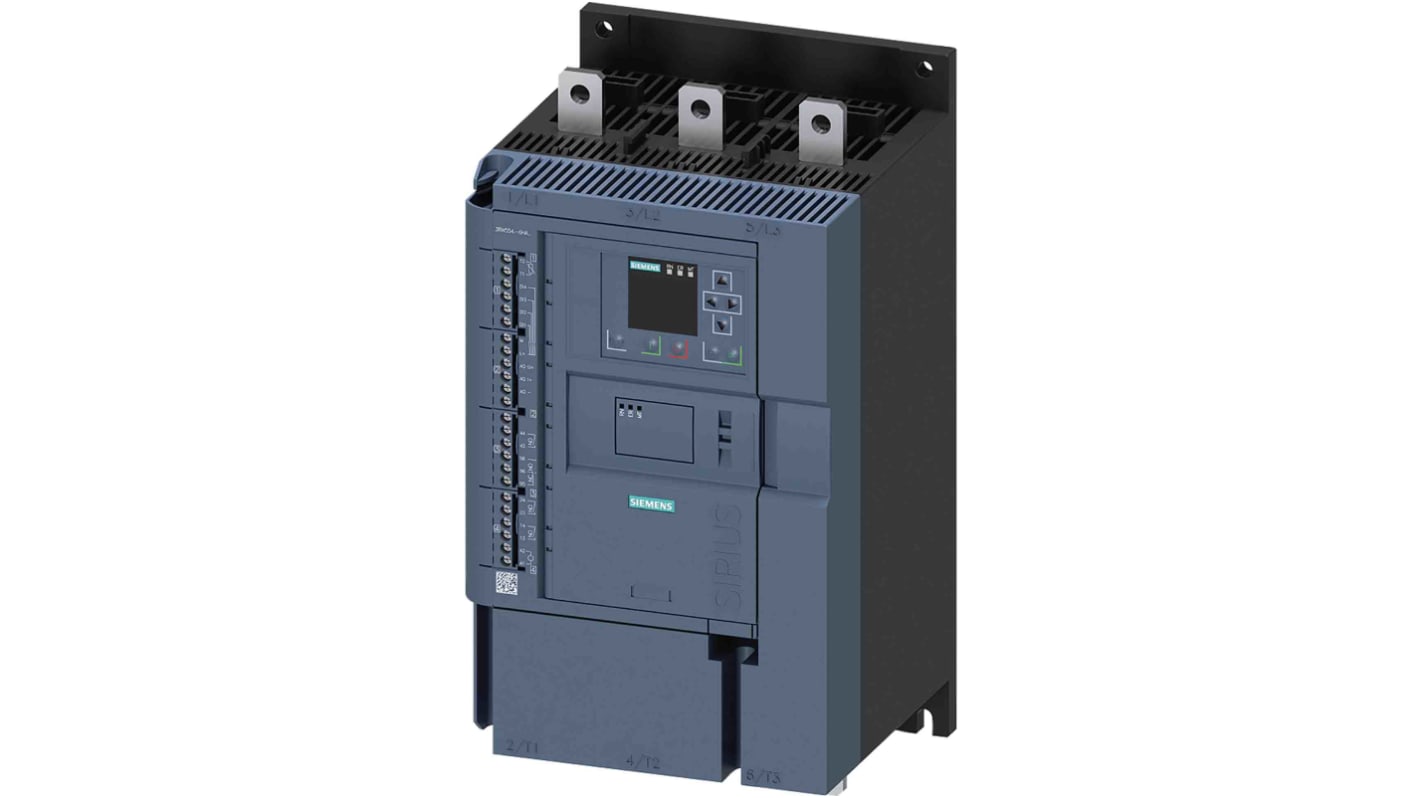 Starter motore Siemens 3RW5548-6HA06, 3 fasi, 560 kW, 690 V, montaggio a vite, con protezione sovraccarico e contatto bypass.
