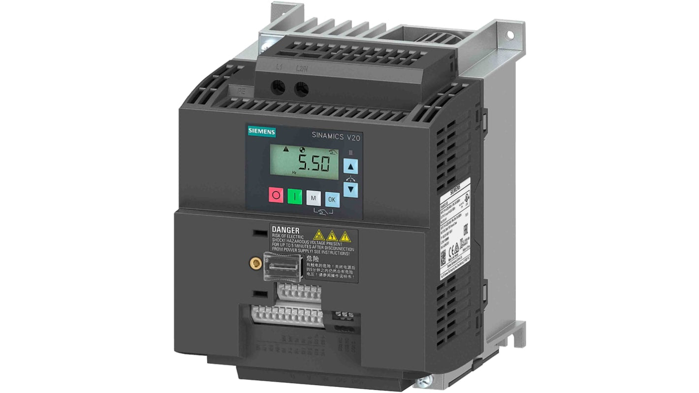 Convertitore Siemens 2,2 kW (6SL3210-5BB22-2UV1) per motori in c.a. a 200-240 V c.a., 1 fase, 0-550Hz. Raffreddamento esterno, IP20.