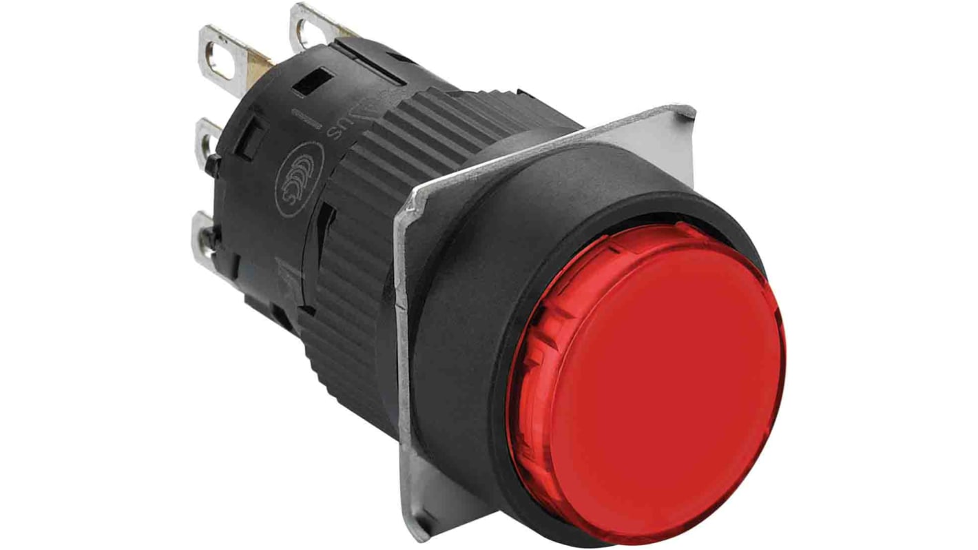 Pulsante rotondo illuminato rosso Schneider Electric XB6EAW4B1P, SPST, diametro 16 mm, protezione IP65, tensione max 24V.