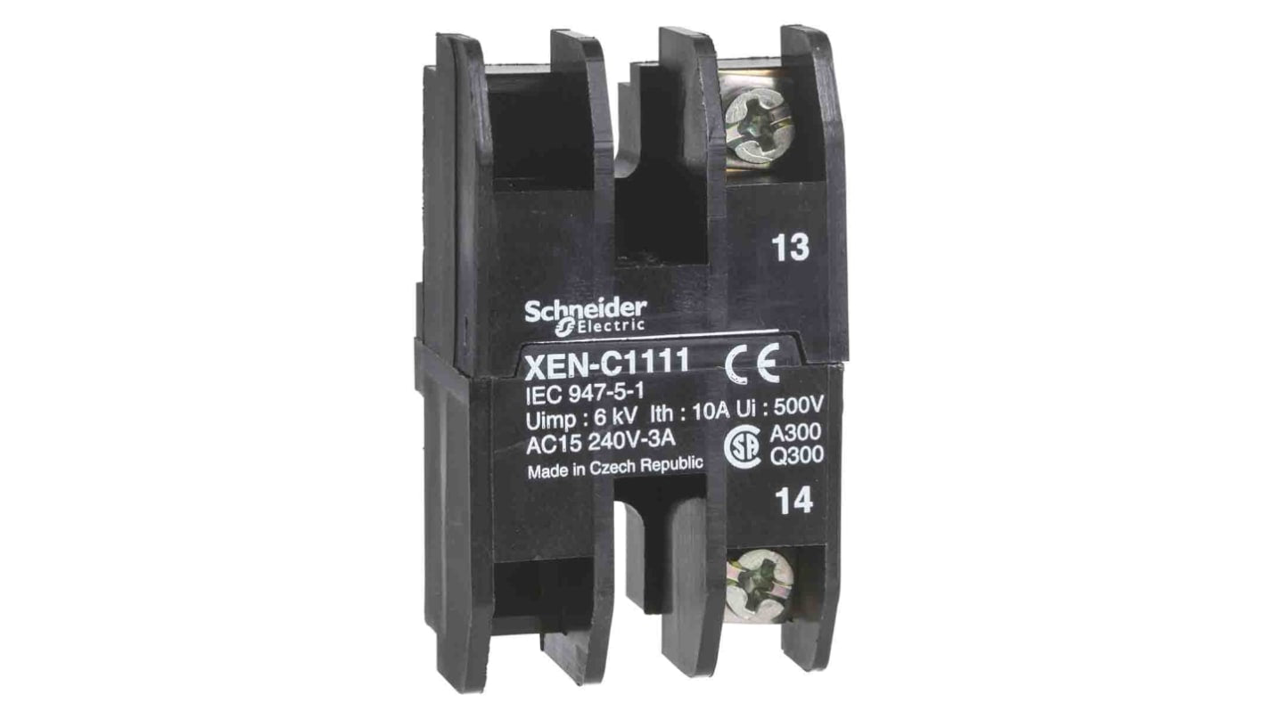 Blocco contatti Schneider Electric XENC1121, 1 N/C, morsetto a vite, tensione 240 V c.a., struttura robusta.