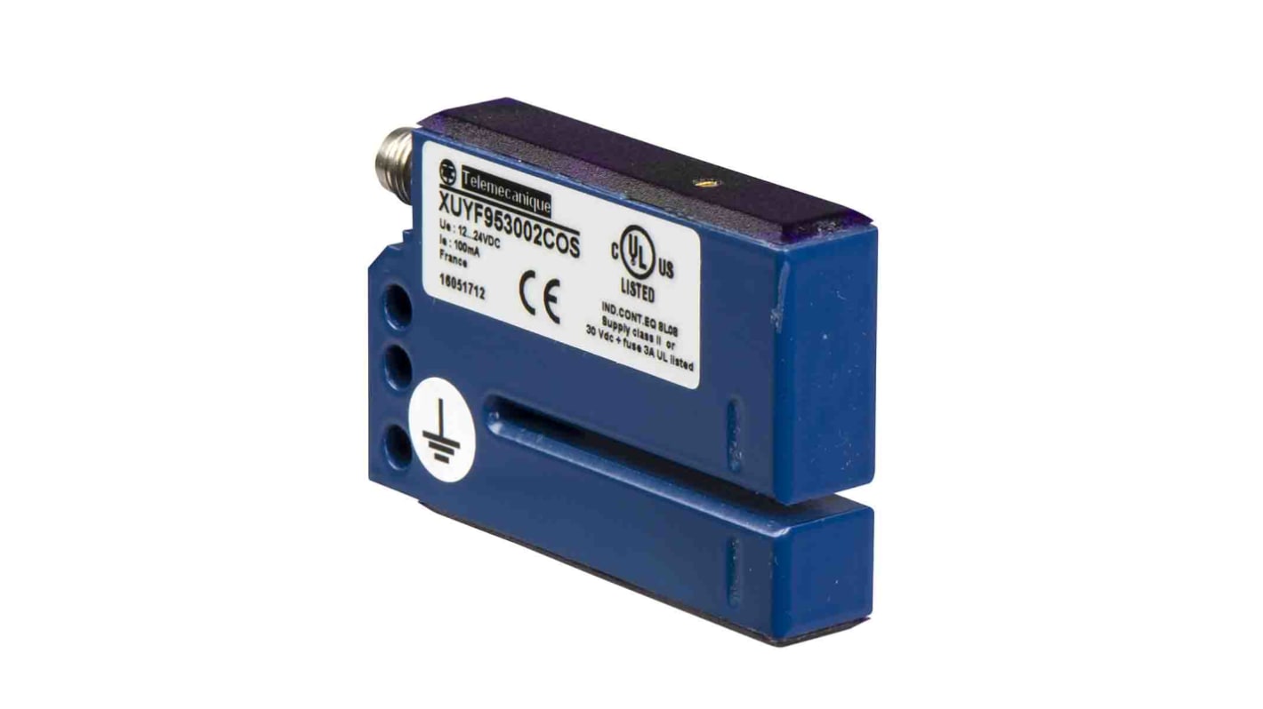 Sensore fotoelettrico rettangolare Telemecanique Sensors XUYF953002COS, rilevamento 2 mm, uscita solida, 12-24 V c.c., connettore M8.