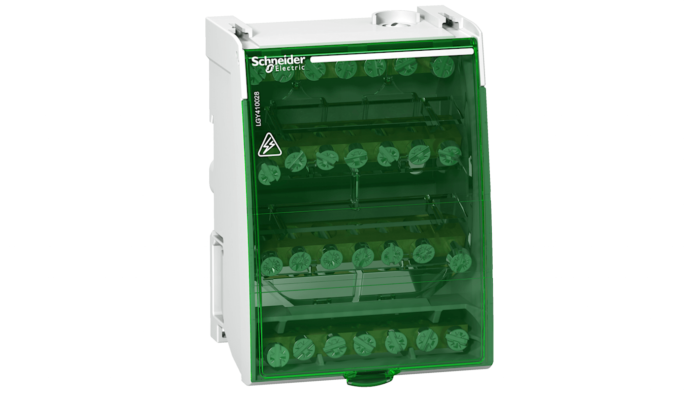 Blocco di distribuzione elettrico Schneider Electric LGY410028: 7 vie 100A 230V, 28 fori, privo di mercurio. Ideale per applicazioni sicure.