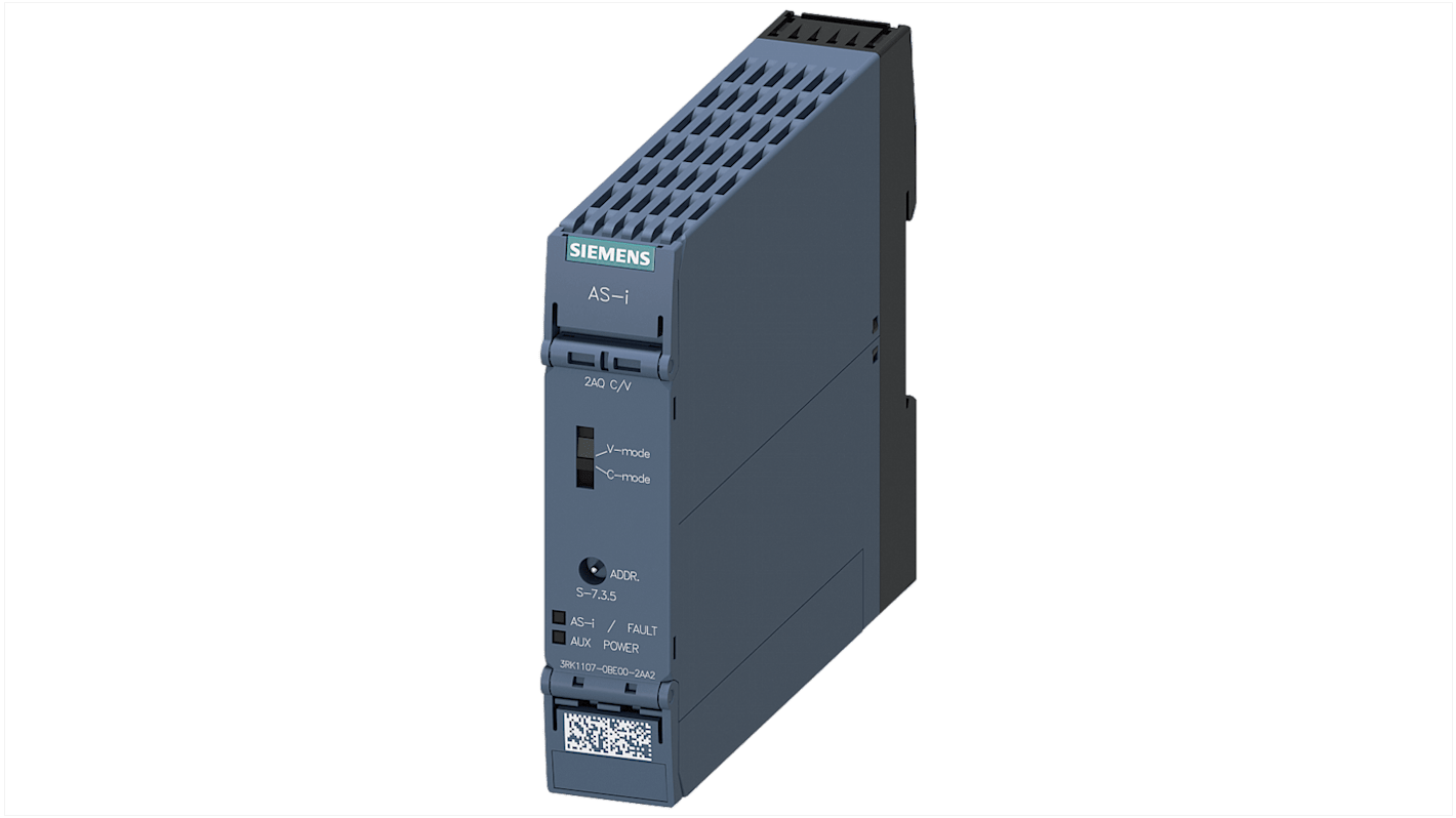 Modulo I/O PLC Siemens 3RK1107-0BE00-2AA2, compatto AS-i SlimLine, 4 uscite analogiche, larghezza 22,5 mm, grado di protezione IP20.