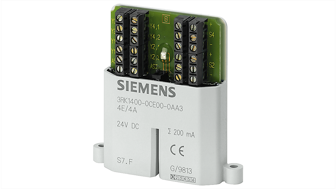 Modulo I/O PLC Siemens 3RK1400-0CE00-0AA3, 4 ingressi digitali e 4 uscite, grado di protezione IP20, montaggio su guida.