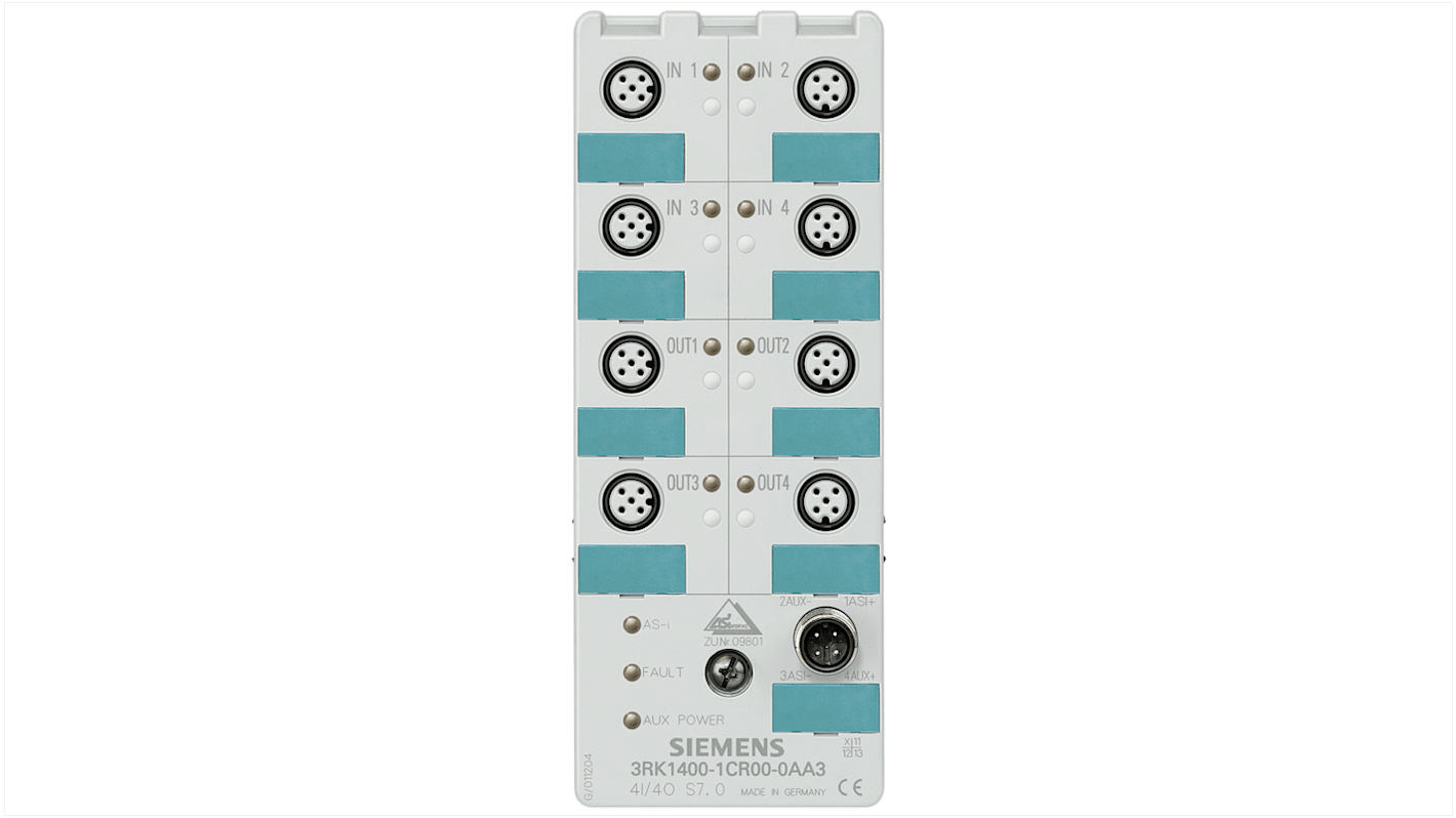 Modulo I/O PLC Siemens 3RK1400-1CR00-0AA3, 4 ingressi e 4 uscite digitali, grado di protezione IP68, montaggio con piastra femmina.