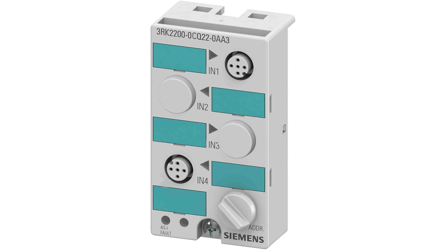 Modulo I/O PLC Siemens 3RK2200-0CQ22-0AA3, compatto AS-i slave digitale K45, 4 ingressi, IP67, connettori M12.