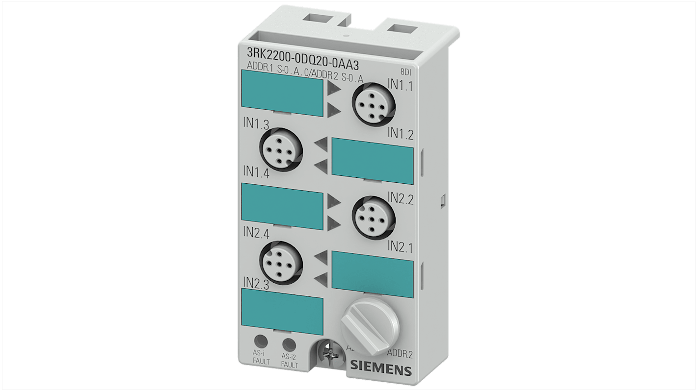 Modulo I/O PLC Siemens 3RK2200-0DQ20-0AA3, compatto AS-i slave digitale K45, 8 ingressi, IP67, connettori M12.