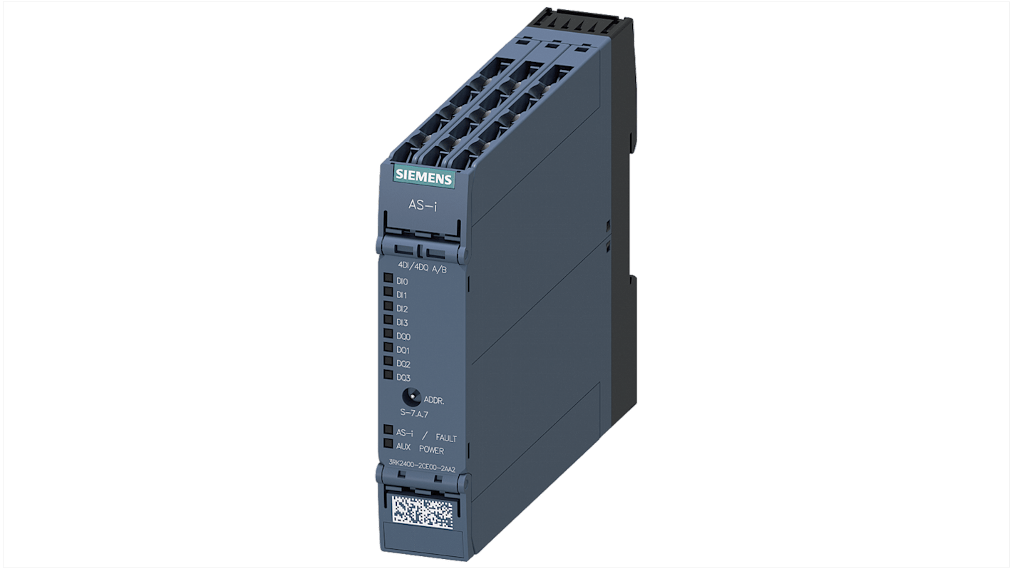 Modulo I/O Siemens 3RK2400-2CE00-2AA2, compatto 22,5 mm, 4 ingressi sensore, 4 uscite, grado di protezione IP20.
