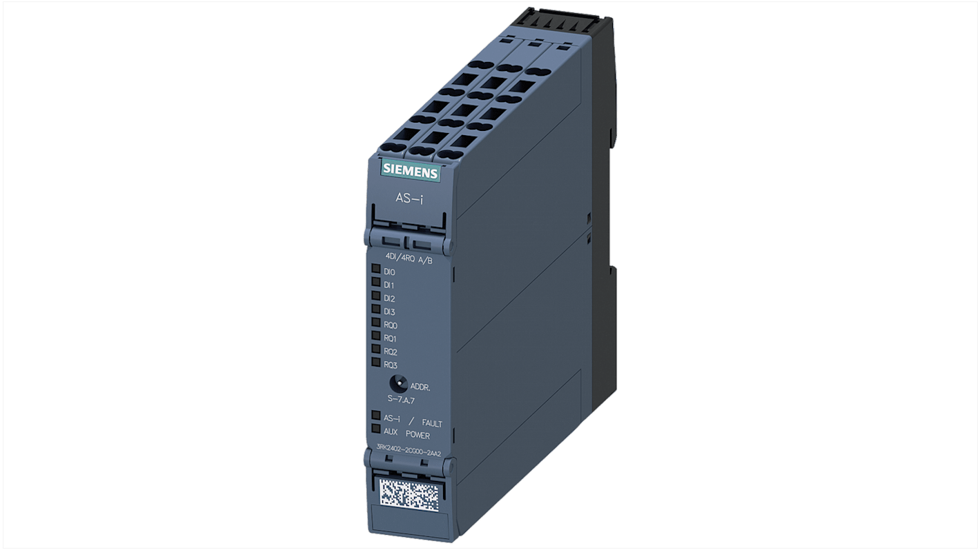 Modulo I/O Siemens 3RK2402-2CG00-2AA2, compatto 22,5 mm, 4 ingressi digitali, 4 relè, grado di protezione IP20.